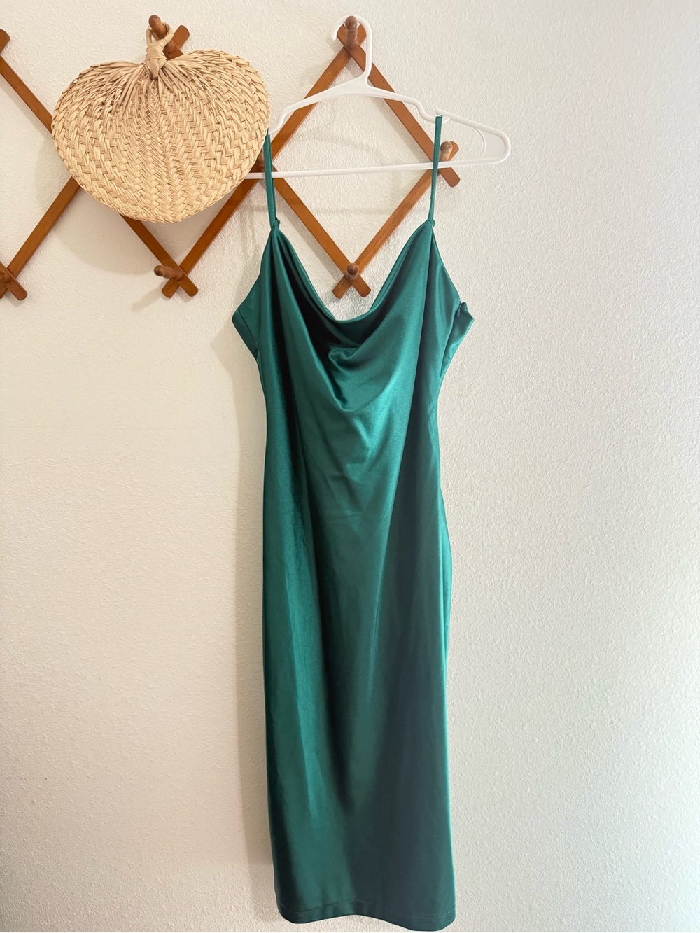 Satin Green Cowl Midi Slip Dress